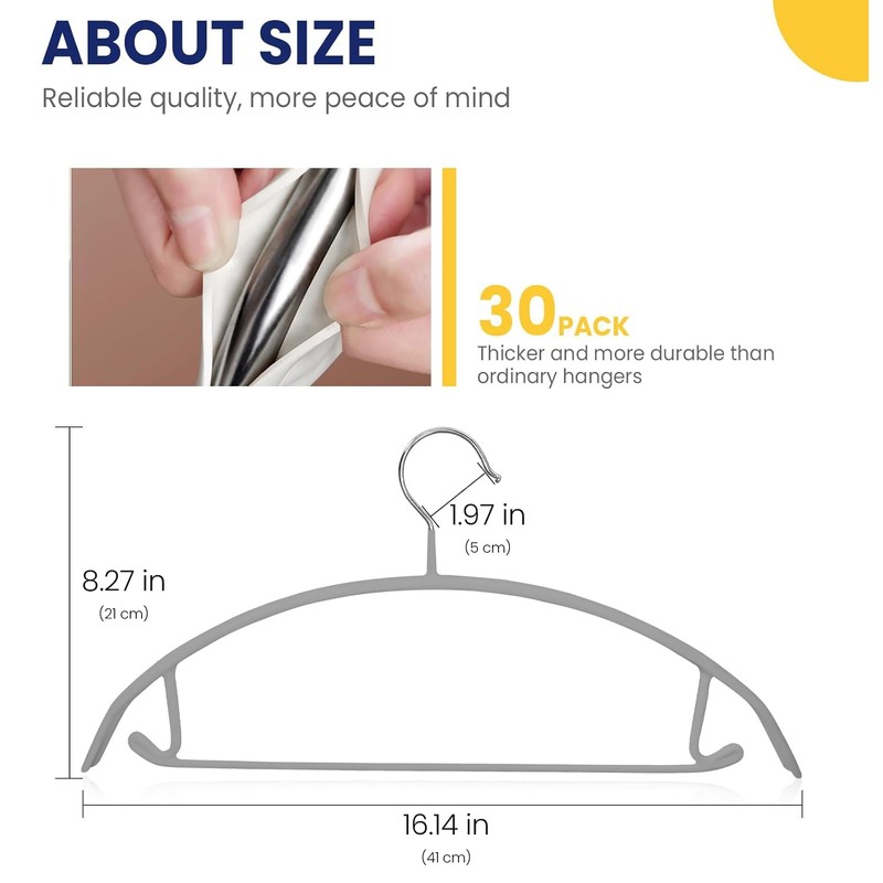 Jiang&Rong 30 Pack 16 Inch Rubber-Coated Non-Slip Metal Hangers -