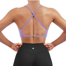SUUKSESS Women 2 Piece Open Back Strappy Sports Bra Pack Twist Front V Neck Padded Workout Crops (#2 Purple & Black, M)