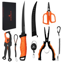 BasicGear Fishing Tool Set – 7” Pliers, 9.5” Fish Lip Gripper, 4.5” Scissors, 7” Fillet Knife, Retractable Clip & Steel-Core Tether, Rust-Resistant Multi-Tool Kit for Anglers, Orange