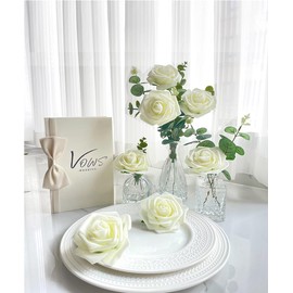 Gankar 25PCS Ivory Artificial Roses with Stems, Fake Roses Artificial Flowers for Wedding Bouquets Party Birthday Bridal Shower Centerpieces Celebration Decorations