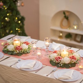 BLOSMON Wedding Flower Rings Centerpiece: 10 Pcs 14 Inch Diam Large Dusty Pink White Rose Babys Breath Fake Flowers Candle Rings Wreaths for Home Party Table Decor Artificial Spring Floral Wreath