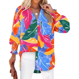 Rapbin Button Down Shirts Long Sleeve V Neck Boho Printed Tops Casual Spring Fashion Clothes Bule M
