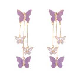 Pink Butterfly Tassel Dangle Earrings for Women Purple/Blue Rhinestone Earrings Long Butterfly Crystal Drop Earrings Jewelry for Women (Purple Style)
