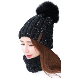 29 IYEBRAO Womens Winter Knit Pom Pom Beanie Hat Scarf Set Girls Slouchy Thick Fleece Lined Ski Hat Warm Skull Cap (Black)