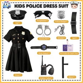 Moiuguli Police Costume Children Girls Police Costume with Handcuffs, Police Hat, Service Tag, Watch, Police ID, Walkie Talkie, Whistle, Baton, Sunglasses for Carnival Cosplay Party