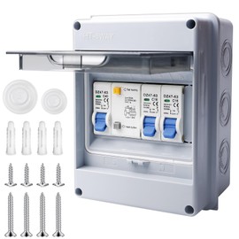 Surface-Mounted Fuse Box IP65, Distributor Small Distribution Board Surface-Mounted with FI Switch Brings, Circuit Breaker 32A, AC Isolator Switch 16A + 160A Distribution Box for Home, Office