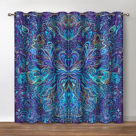 Jekeno Hippie Bohemian Mandala Blackout Curtains - Indian Gypsy Abstract Flower Floral Texture Print Drapes Decor Bedroom Living Room Darkening Grommet Window Treatments 2 Panels Set, Blue 52"X84"