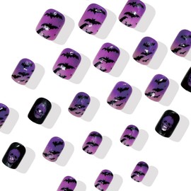 Helloween Bat Press on Nails Medium Square Fake Nails with Designs Skull False Nails Purple Pink Ombre Glue on Nail Glossy Artificial Nails Full Cover Reusable Stick on Nail for Women Manicure 24 Pcs