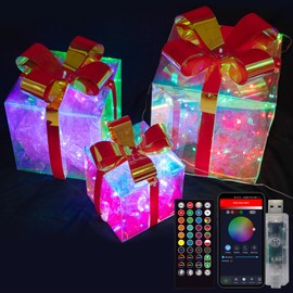 3pcs Christmas Lighted Gift Boxes, 20 Light Modes, DIY Colors Changing, Music Sync, Timer, Light Up 78 LEDs Dazzling Transparent Case Christmas Decor for Indoor Outdoor Yard Home, 6/8/10 inch