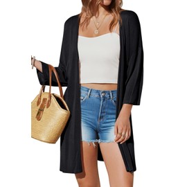 Arach&Cloz Women's 2025 Cardigan Long Lightweight Casual 3/4 Sleeve Open Front Cardigan Summer Dress Beach Cover Up, black