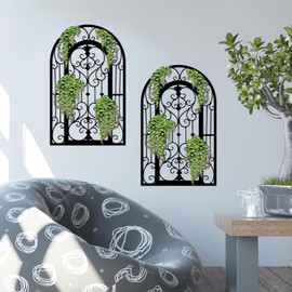 ruelen Metal Scroll Wall Decor -2 Piece Window Arch Wall Art,Wall Panels with Carved Wrought Iron. Rustic Farmhouse Style with Medallion Scroll Design for Living Room, Bathroom, Bedroom（ Black）