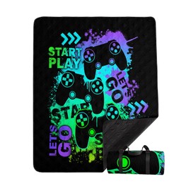 Smell Sunshine Outdoor Picnic Blanket,Portable Sandproof Waterproof Picnic Mat,Green Gamepad Printed Camping Beach Mat for Sand and Wet Grass Hiking (Green Gamepad L)