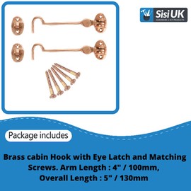 Brass Cabin Hook 4 Inch Brass Cabin Hook & Eye Silent Catch Door Latch Holder with Screws Silent Cabin Hook for Shed Gate Catch Garden Gate Latch Patio Doors in Various Finishes Pack of 1.