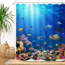 ZXMBF Ocean Underwater World Shower Curtain Colorful Tropical Fishes Turtle Coral in The Deep Sea Home Décor Waterproof Fabric 72Lx60W Inch Blue Plastic Hooks 12PCS