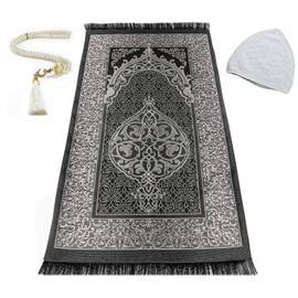 EDUS Turkish Muslim Prayer Rug, 99 Prayer Beads and Kufi Hats for Men, Cotton Islamic Prayer Mat for Men Women and Kids, Portable Carpet, Ottoman Rugs (Grey)
