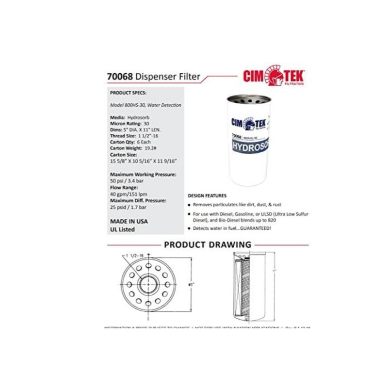 CIM-TEK 70068- 800-HS30- Hydrosorb Water Detection Filter with 30 Micron