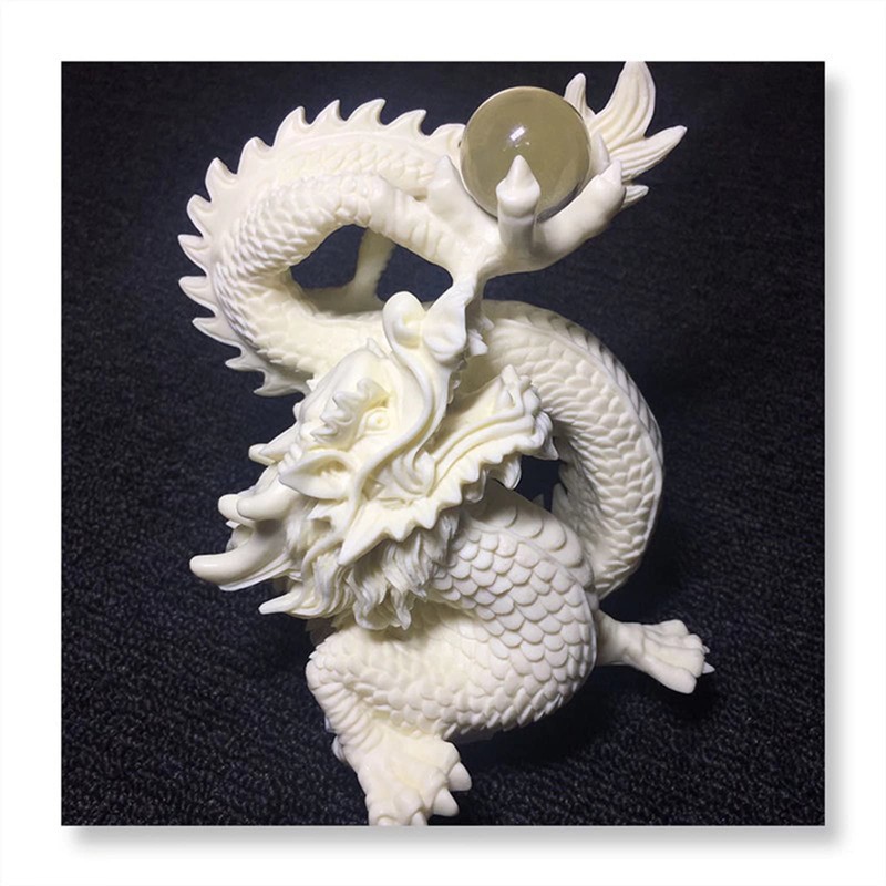 Chinese Feng Shui White Statue,Dragon Play Bead Statue, Hand-Carved Art