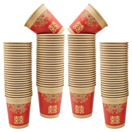Generic 100PCS Chinese Wedding Paper Coffee Cups Thicken Hot Paper Cup Tea Cups for Hot Cold Drinks, Double Happiness Paper Cups Red Paper Cups for Chinese Wedding Party, average size