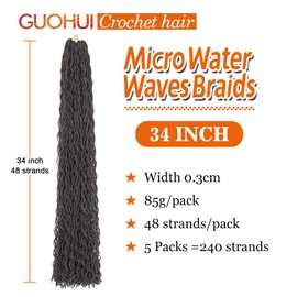 GUOHUI Micro Water Waves Braids, Thin Wavy Dreadlocks Extension Color Darkest Brown 34 Inch 5 Packs Mini Locs (34”,2#)