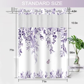 TWLSNCD - Cortina de ducha sin gancho con forro a presión, color morado claro, cortina de baño de mariposa con planta botánica para baño, 71 x 77 pulgadas