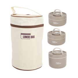 Insulated Lunch Container 304 Stainless Steel Leakproof Portable Round Thermal Bento Box with Lid and Thermal Bag Deep Coffee Color 3PCS