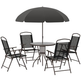 Outsunny Outsunny 6 Piece Patio Dining Set for 4 with Umbrella, Outdoor Table and Chairs with 4 Folding Dining Chairs & Round Glass Table for Garden, Backyard and Poolside, Black