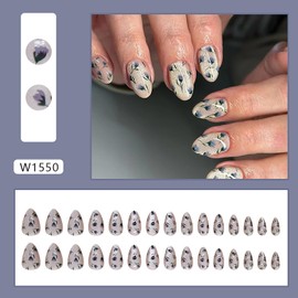 Press on Almond Nails French Glossy Full Cover Acrylic False Nails Almond Medium Length Artificial Fake Nails Almond with Designs Glue on Almond Nails with Charm Stick on Fingernails for Women(W1550)