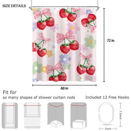 CINEKER Coquette Pink Bow Strawberry Shower Curtain Sets for Bathroom 60Wx72H Flower Y2K Shower Curtain Groovy Girly Preppy Polyester Bathtub Curtain Aesthetic Fruit Cute Bathroom Decor with 12 Hooks