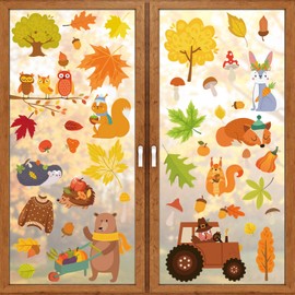 Fall Window Clings, 6 Sheets 75 Pcs Fall Maple Leaves Animals Window Decals Stickers Thanksgiving Clings Decor for Windows, Fall Harvest Home Party Windows Decorations