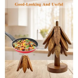 Christmas Tree Coasters, Wooden Trivets for Hot Dishes/Pot/Bowl/Teapot/Pans, Tree Shape Trivet Set - 4 Wooden Trivets + 1 Stand Stored, Gifts for Him/Her (Leaf Pattern - 4Pcs)