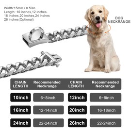 Ruiqas Silver Dog Necklace Chain Collar 15mm Wide Cuban Link Dog Necklace Chain Collar with Metal Buckle D Ring Puppy Costume