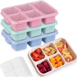 Eidoct 4 Pack Snack Containers, 5 Compartments Bento Snack Box, Bento Lunch Box for Adults and Kids, Reusable Meal Prep Lunch Containers with Transparent Lids (Green/Blue/Pink/Beige)