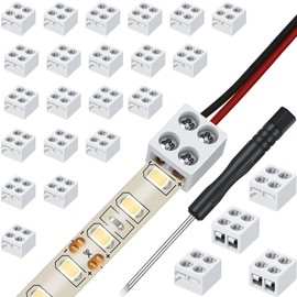 Flutesan 25 Pack Solderless LED Tape Light Connector 2 Pin Terminal Block Screw Down LED Strip Connector Tape to Wire for 5v 12v 24v Single Color Strip Lights(10mm,White)