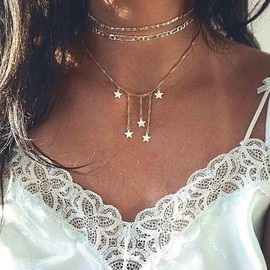 Inilbran Boho Layered Star Choker Necklace Gold Star Necklace Choker Vintage Star Pendant Necklace Multilayer Star Necklace Short Gold Figaro Chain Necklace Jewelry for Women and Girls