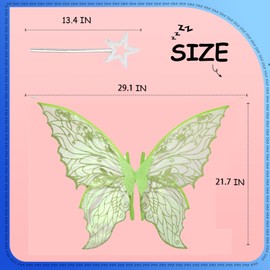 Fairy Wings for Adults and Girls，Fairy Costume Set with Floral Garland, Fairy Hair Tinsel, Wand & Elf Ears – 29"x21" Organza Butterfly Wings – Ideal for Cosplay, Party, Green