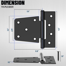 TRIPLE DEER 3.5 Inch Heavy Duty Gate Hinges, Extra Thick Gate Hinges for Wood Fence Barn Door Shed Gate Swing Door, Black Finish Door Strap Hinge, 2 Pack