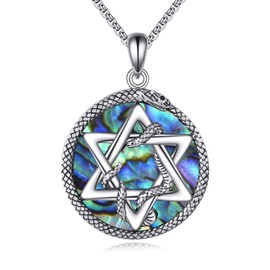 YAFEINI Ouroboros Men's Necklace 925 Sterling Silver Six-pointed Star Snake Pendant Necklace David Star Abalone Shell Jewellery Gift, Sterling Silver