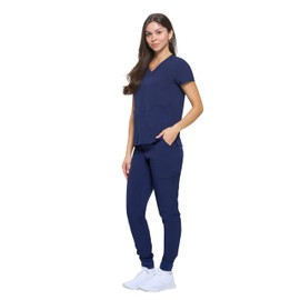 M&M SCRUBS Women's Essential Jogger Scrub Set Nursing Uniform Clearance Cool Stretch Scrub Top and Pant Workwear (True Navy Blue, Medium-Petite)