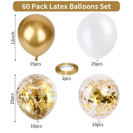 Balloons White and Gold, 60 Packs 12 Inch Metallic Gold Balloons Pearl White Latex Balloons Gold Confetti Balloons for Birthday Parties, Weddings, Anniversaries, Baby Shower Party Decorations