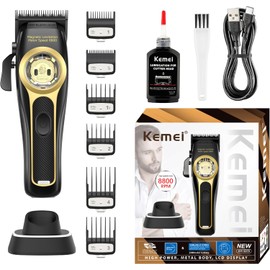KEMEI 2373 Cortapelo Profesional para Hombre, Cortapelo de Barbero sin Cable con Motor de Levitación Magnética de 8800 RPM, Kit de Corte de Pelo Ajustable con Base de Carga