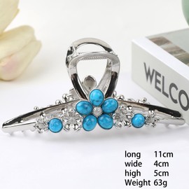 Fokmuaex Extra Large Metal Hair Claw Clips for Thick Hair - Vintage Turquoise Stone Nonslip Hair Clips for Women, Boho Flower Hair Accessories with Secure Grip (Silver Blue)