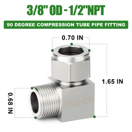 TAISHER 2PCS 304 Stainless Steel Square 90 Degree Compression Tube Pipe Fitting Connector, 3/8" Tube OD x 1/2" NPT Male Adapter