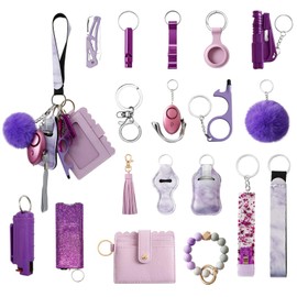 Araafur Leather Wristlet Keychain Set with Personal Alarm and Bottle Opener, Car Keychain Accessories for Women (Purple Keychain Set)