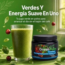 GreenPulse Morning Boost Jugo Verde en Polvo Sabor Frutos Rojos - Con Guaran, Caf Verde, Fibra, Probiticos y Enzimas Digestivas, Sin Azcar  30...     