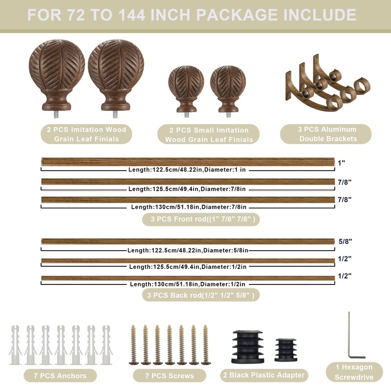 Mayrhyme Wood Double Curtain Rods Set for Windows 72 to
