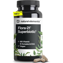 natural elements Flora 21 Superbiotic - 60 Capsules - 4.5 Billion CFU Spore Forming Bacteria Strains & Postbiotics - With Vitamin B Complex and Zinc - Vegan, No Unnecessary Additives, Laboratory