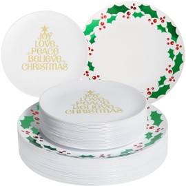 ISFANCO 60 PCS Thicken Plastic Christmas Plates Set for 30 Guests,Heavy Duty Plastic Party Disposable Plates-30 Dessert Plate with Gold Christmas Tree and Dinner Plate with Green and Red Holly Berry