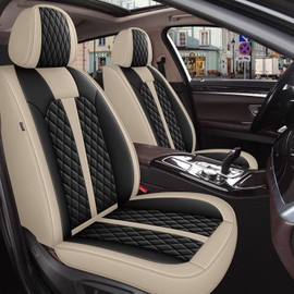 IKABEVEM Car Seat Covers for 2 Front Seat Fit for Toyota Highlander 2007-2025 2026: Auto Interior Accessories, Waterproof Faux Leather Vehical Car Seat Cushions Cover（Beige&Black,2 PCS Front Only