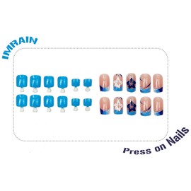 IMRAIN 48Pcs Press on Toe Nails Short Square Fake Toenails Blue French Tips Acrylic False Nails with White Flower Designs Full Cover Glossy Glue on Toe Nails Summer Artificial Nail Supplies