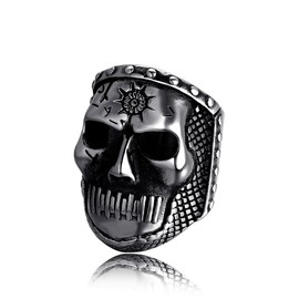 Black Skull Head with Sun Ring Stainless Steel Gothic Punk Statement Jewelry for Men Size 11